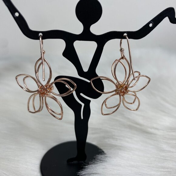 Rose Gold Tone Wire Flower Earrings Rhinestone Floral Dangle & Drop Earrings - Picture 5 of 6